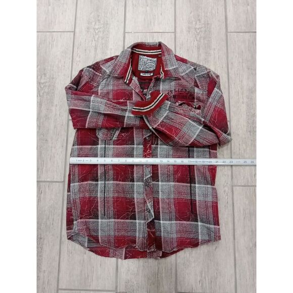 Affliction motorcycles The Buckle Embroidered Snap Up Shirt Mens L red gray blk - Picture 4 of 5